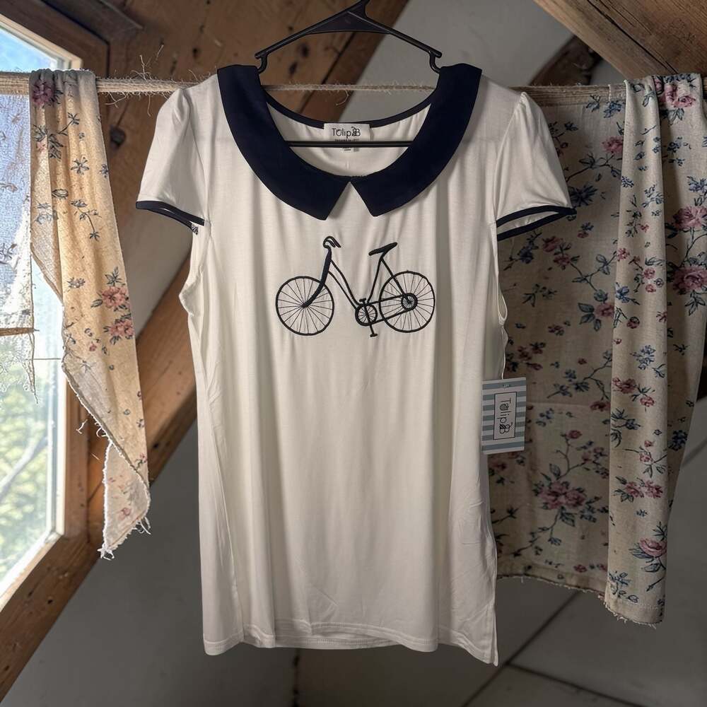 Tulip B Vintage Style Bicycle Graphic Peter Pan Collar Top Size L
